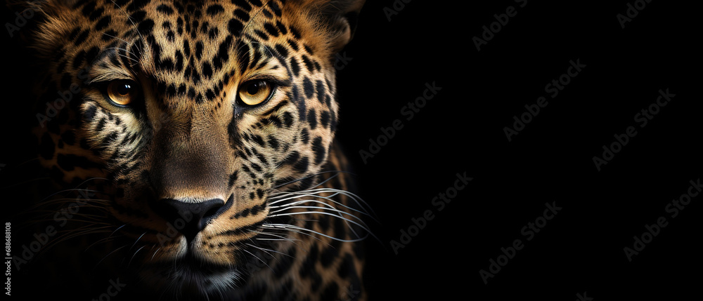 Fototapeta premium Front view of leopard on gray background. Wild animals banner with copy space