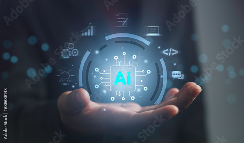 AI analytics for business concept. Artificial Intelligence technology chatbot robot tools analytics generates something. Ai chat smart software learning data for target business developer system.