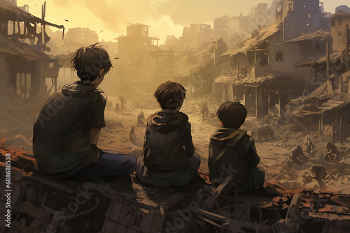 Illustration of children sitting on a destroyed city as a victim of war