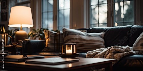 A modern, cozy home interior with candlelight, creating a warm and inviting atmosphere for relaxation.