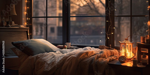 A cozy bedroom, candles, and a warm atmosphere for a relaxing morning. photo