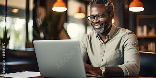 A happy mature black man using a laptop at home, showcasing modern technology and contentment. photo