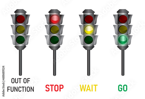 Four semaphores, OUT OF FUNCTION, wait STOP and GO text. colorful vector illustration