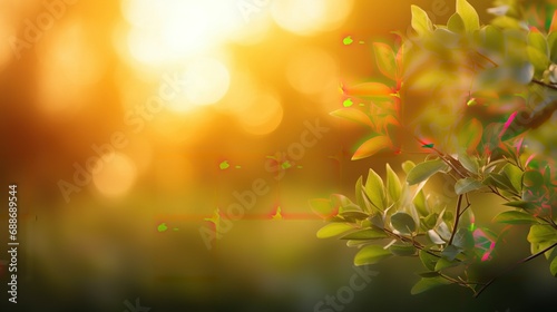A summer sunset, sunrise background with lush green foliage and orange glow sky with blurred spring bokeh highlights © MdSahar