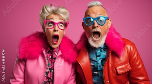 A Playful Elderly Couple wearing Sunglasses and Colourful Mismatched Clothing. A man and woman wearing  sunglasses and fun multicoloured clothing photo