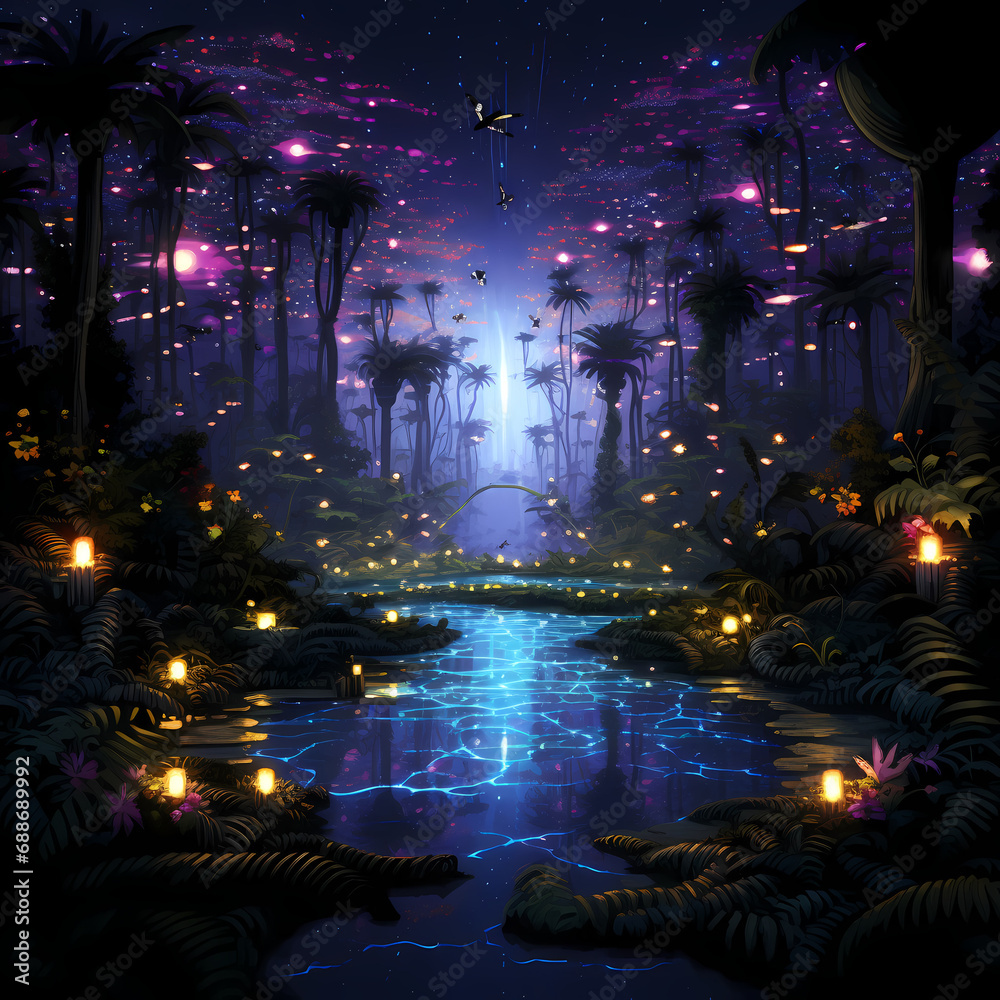 a pixelated symphony featuring cosmic influences, abstract fireflies in an oasis setting influenced by quantum mechanics
