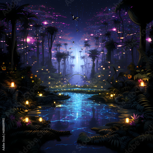 a pixelated symphony featuring cosmic influences  abstract fireflies in an oasis setting influenced by quantum mechanics