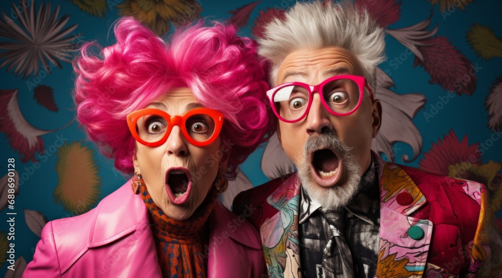 A Vibrant Elderly Couple with Pink Hair and Glasses on a Fun Colourful Background. A man and a woman with pink hair and glasses