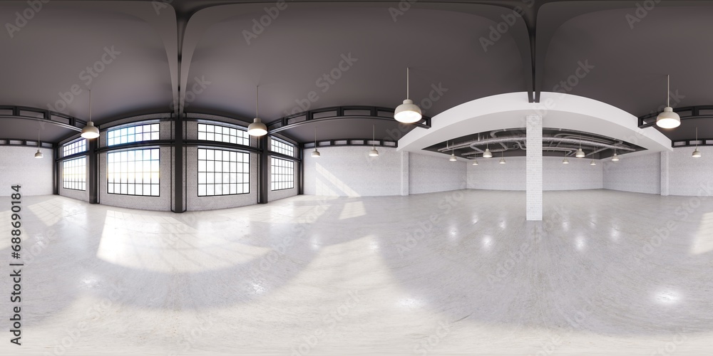 Full spherical hdri panorama 360 degrees of empty exhibition space. backdrop for exhibitions and events. Tile floor. Marketing mock up. 3D render illustration - obrazy, fototapety, plakaty 