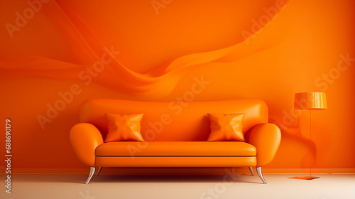 Interior of modern living room with orange sofa and orange wall. generative ai