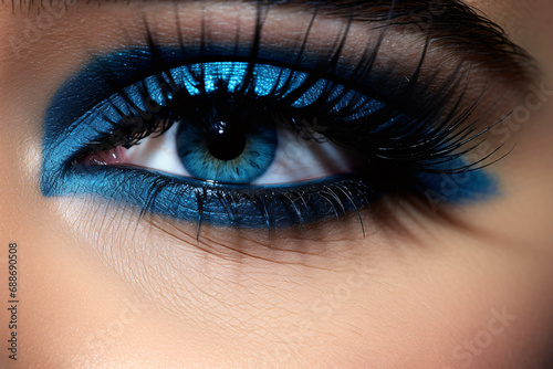 Woman s eye with makeup with metallic blue eyeshadow
