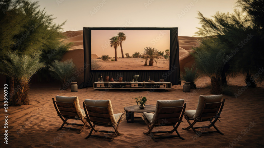 Hidden oasis outdoor film setup contrasting desert backdrop