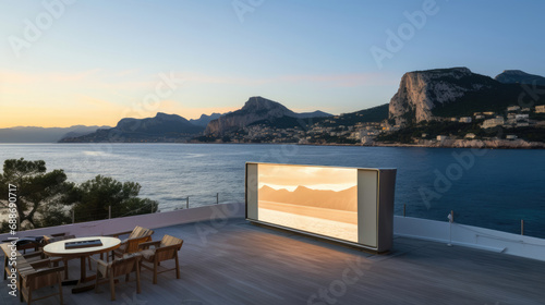 Modern yacht cinema with minimalist design and open sea view © javier
