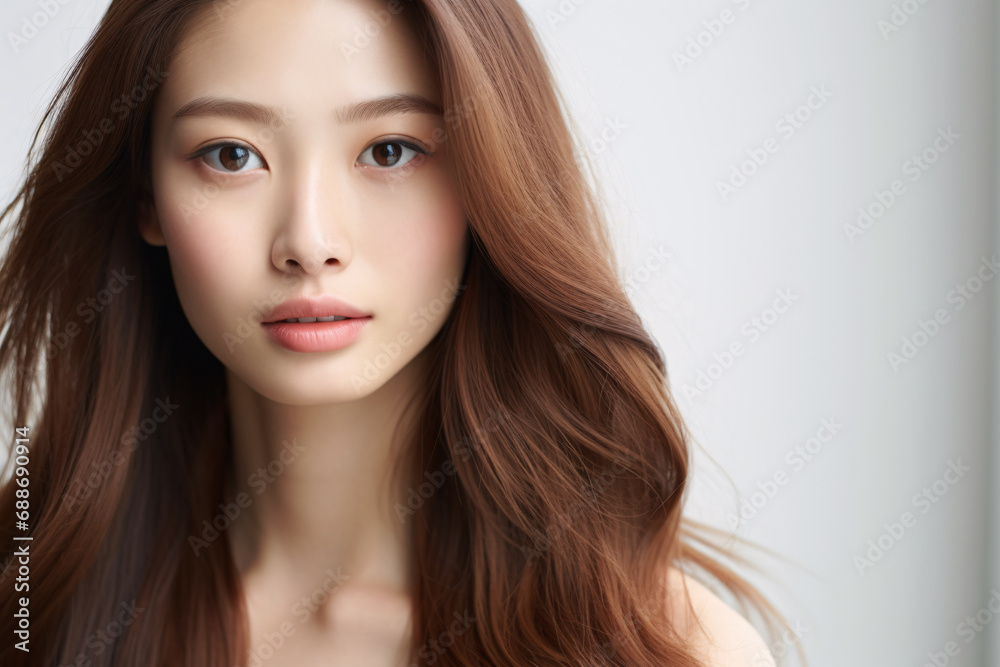 Face of pretty young Asian woman without makeup with brunette hair in front of white background Face of pretty young Asian woman without makeup with brunette hair in front of white background
