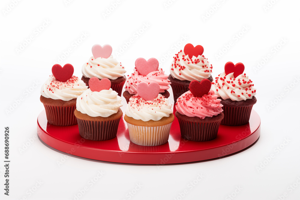 Cupcakes decorated with hearts on a red stand on a white background