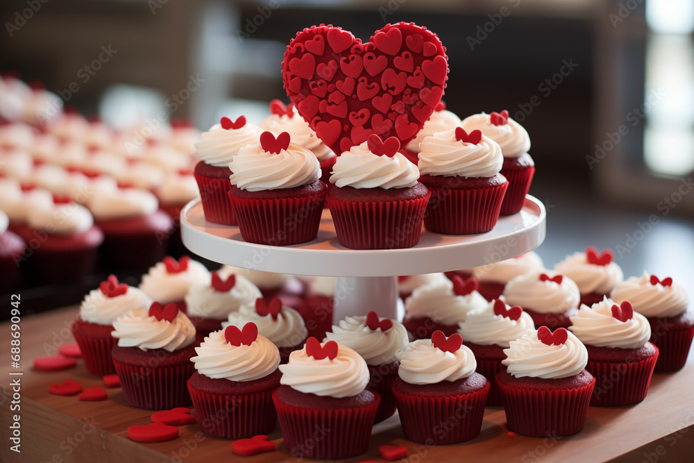 Cupcakes decorated with red hearts on a white cake stand.