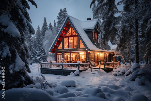 Winter cottage in the snowy forest in evening. Wooden chalet in the winter pine forest.