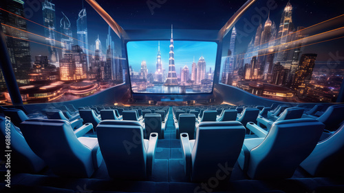 High-tech city cinema holographic screen glistening skyscraper backdrop © javier