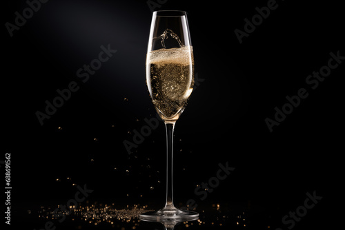 Champagne glass with splashes on a black background. Copy space.