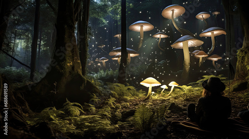Whimsical forest cinema giant mushrooms fireflies enchanted wilderness