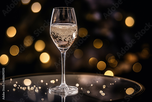 Champagne glass with bokeh lights on background, closeup