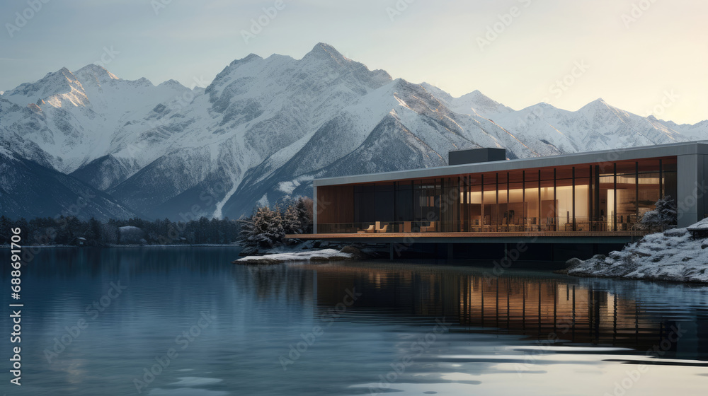 Cinema by alpine lake screen mirroring in mountain waters peaks
