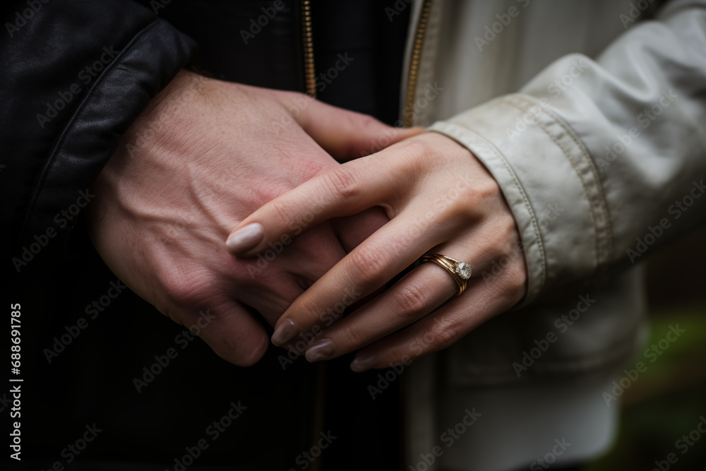 Closeup of couple hands holding each other in the park. Man and woman holding hands.