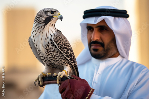 Arabic man with traditional emirates clothes with his falcon bird