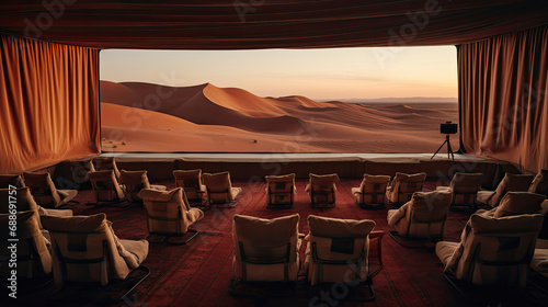 Cinema in desert setting screen amidst dunes nomadic style seating photo