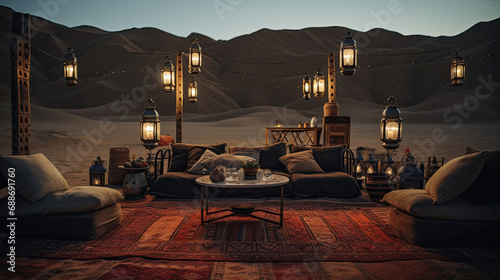 Nomadic desert cinema with screen set in sandy landscape