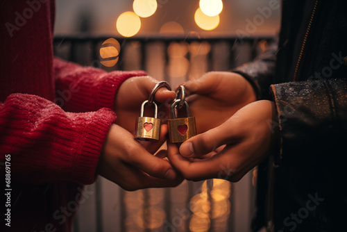 Close up of couple's hands holding two padlocks with heart shape symbols