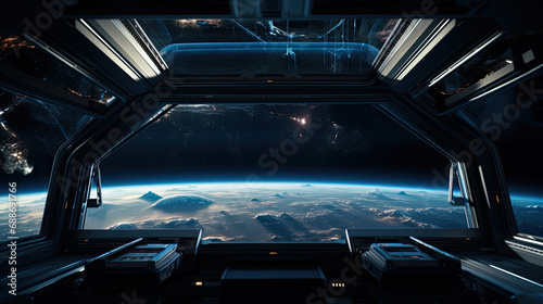 Space station cinema with holographic screen Earth backdrop