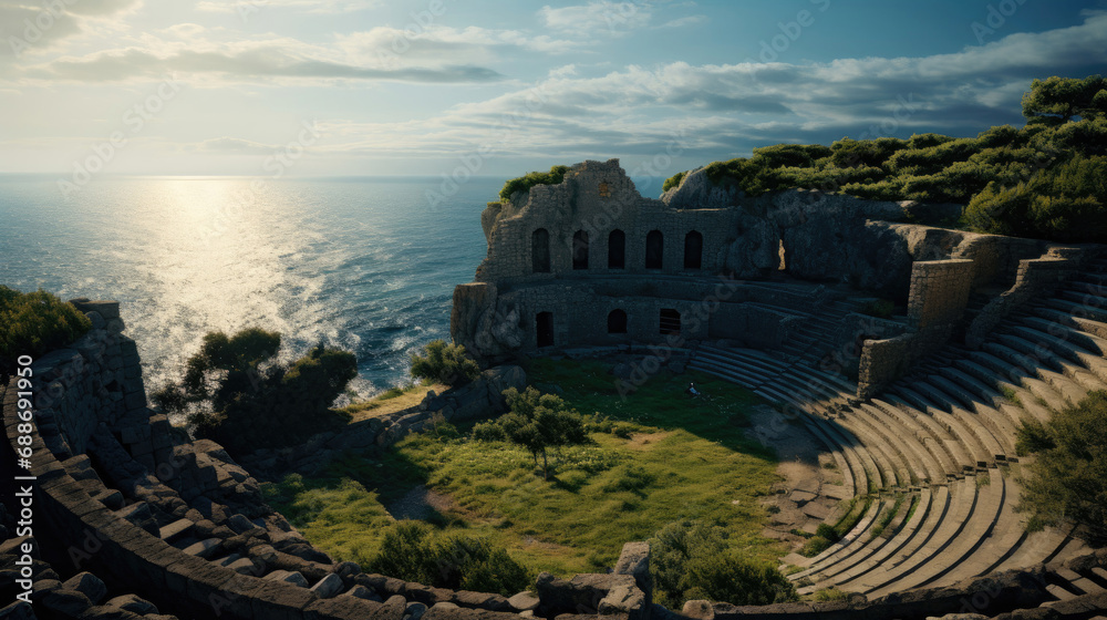 Fototapeta premium Grecian amphitheater cinema screen with sea view