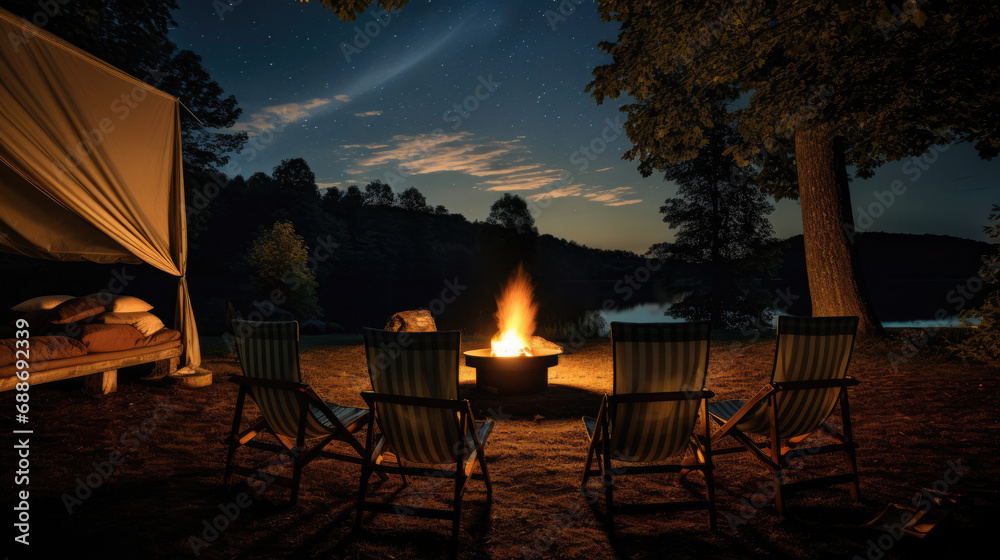 Campfire Cinema Starry Sky Firelit Screen Rustic Chairs