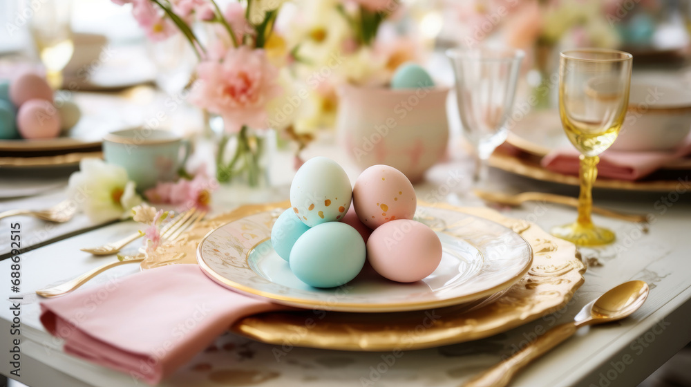 close up of luxury pastel blue and pink easter eggs with golden elements on the plates