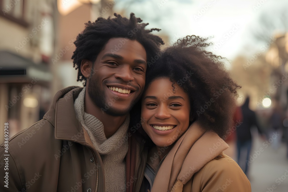A happy young African American couple is walking down the street, spending time together on Valentine's Day. A happy young African American couple is walking down the street, spending time together on Valentine's Day.
