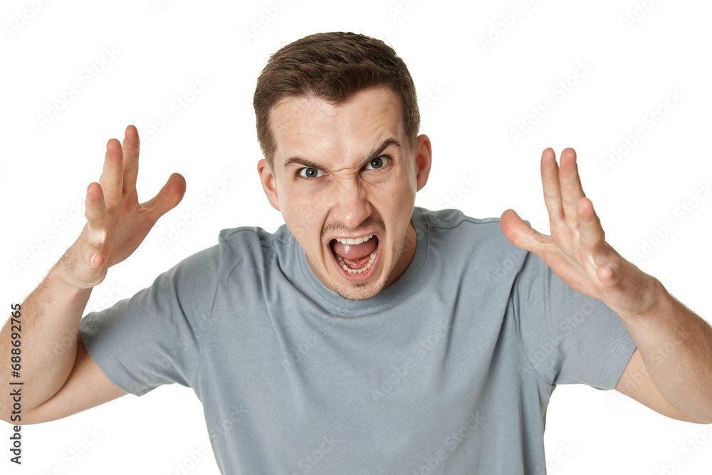 Fototapeta premium annoyed angry bearded man shouting on white studio background