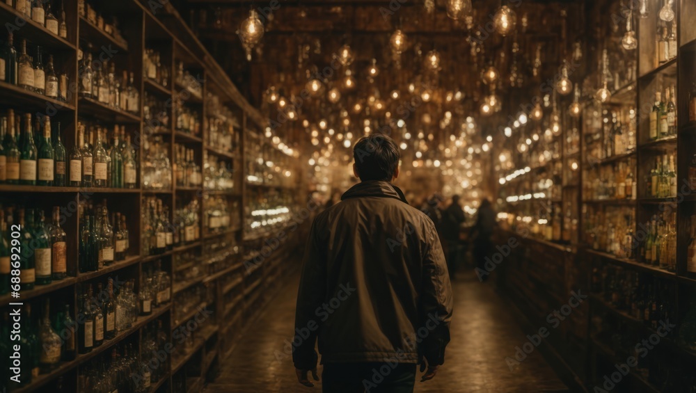 Man walking in a wine cellar with bottles of alcoholic drinks