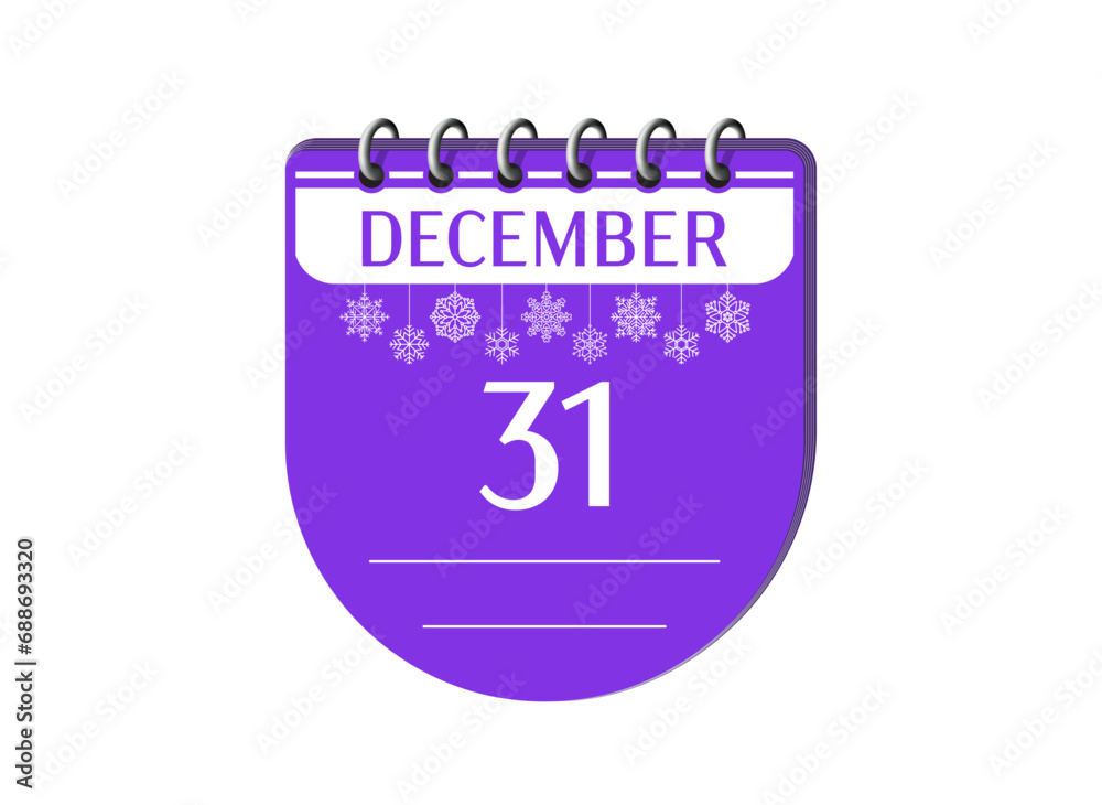 31 december new year holiday memo notebook calendar page with date, snowflake. 3d one day purple winter holiday calendar date appointment, event reminder illustration. 