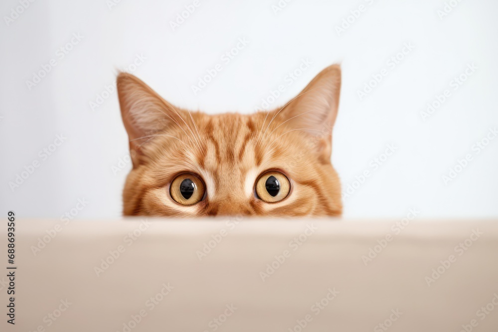 Funny ginger cat peeks out curiously from behind a beige background. Copy space.