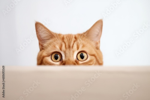 Funny ginger cat peeks out curiously from behind a beige background. Copy space.
