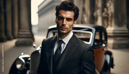 Attractive man wearing a black suit and a black vintage car background photo