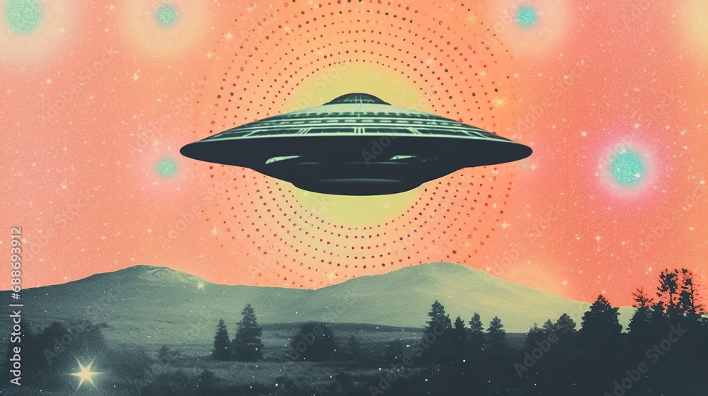 Obraz premium Generative AI, Vintage risograph collage of alien UFO in space, pastel halftone, geometric shapes, abstract grain texture