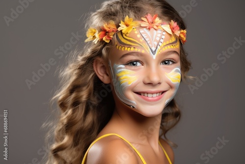 A cute, young Caucasian child's portrait, adorned with artistic face painting, enjoying a colorful masquerade party.