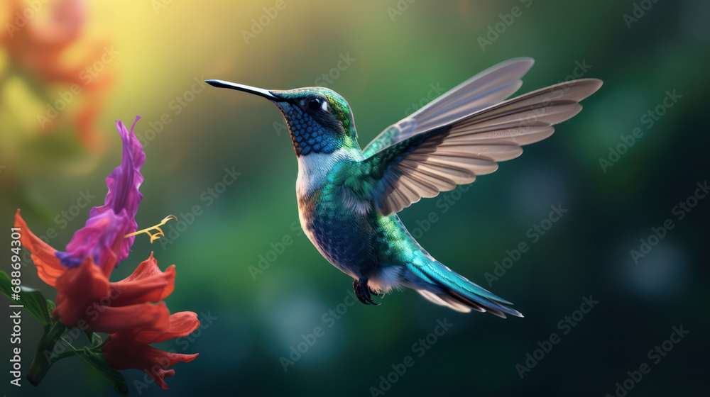 Naklejka premium Nature's Palette, Colorful Hummingbird in Vibrant Surroundings - A Symphony of Hues in Flight.