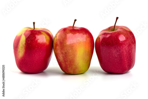 Shiny Red ripe apples, isolated on white background. Fresh raw organic fruits.