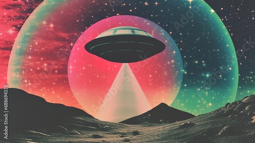 Generative AI, Vintage risograph collage of alien UFO in space, pastel halftone, geometric shapes, abstract grain texture