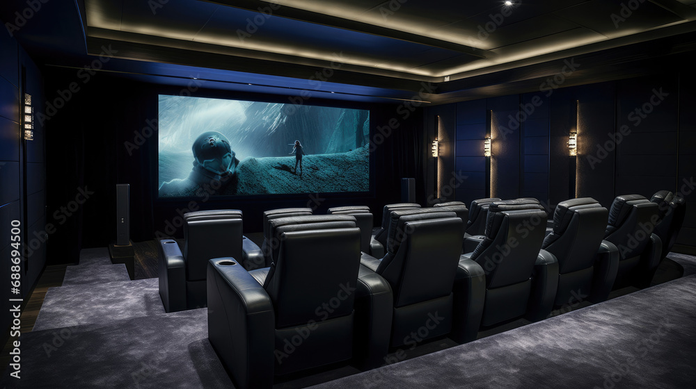 Modern home cinema black leather seats blue LED lighting. Sound-absorbing walls. 120-inch 4K TV screen