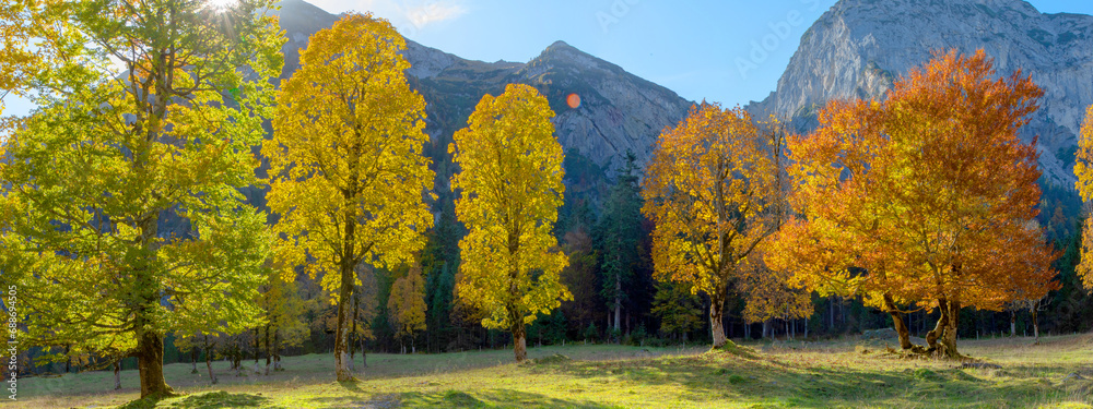 Obraz premium Ahornboden im Herbst mit Karwendelgebirge, Eng-Tal, Tirol, Österreich, Panorama