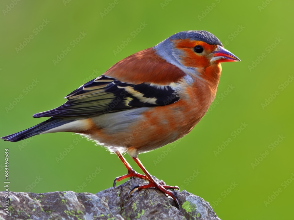 Obraz premium Brambling, Fringilla montifringilla, green background